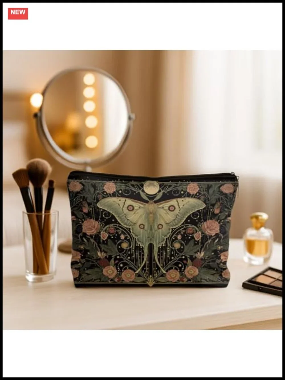 Gothic Floral Butterfly Makeup Bag, Dark Academia Moth Cosmetic Pouch for Women
